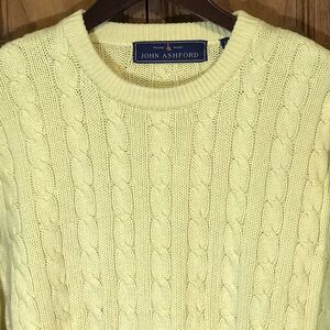 Vintage John Ashford Cable Knit Pullover Sweater Men's Large Yellow Cotton Crew
